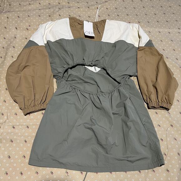 Zara Wind Breaker Dress Womens Large Green Tan Colorblock Anorak Cutout Zip Up - Picture 7 of 7